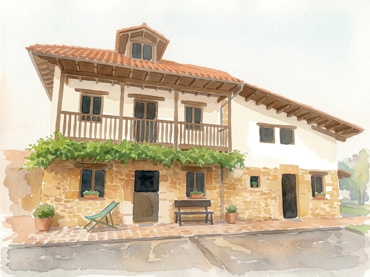 La casa de La Xirona: fachada de piedra con corredor de madera bajo el tejado de teja, una parra sobre la planta baja y un banco junto a la puerta.